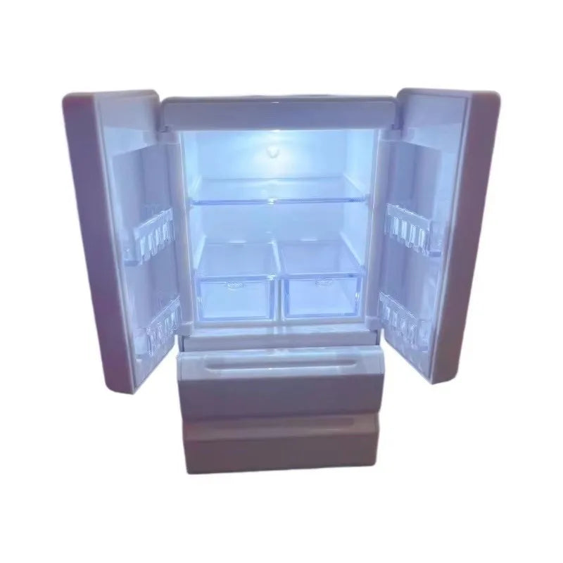 Light-Up Mini Double-Door Refrigerator Dollhouse Model for Pretend Play - 1:12 Scale Food Scene Decoration