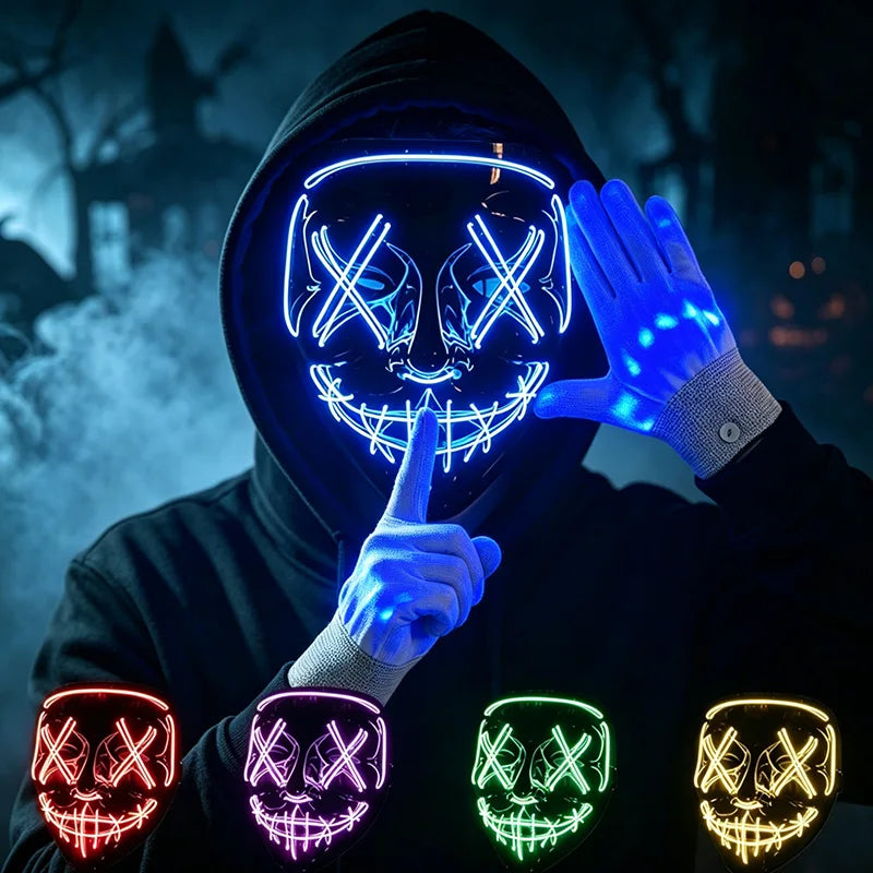 Wireless LED Neon Mask & Fiber Optic Gloves for Halloween Carnival Party
