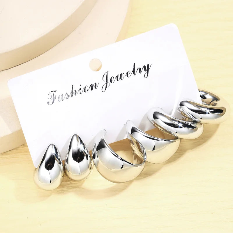 6-Piece Chunky Gold Plated Waterdrop Hoop Earrings Set for Women - Elegant Jewelry