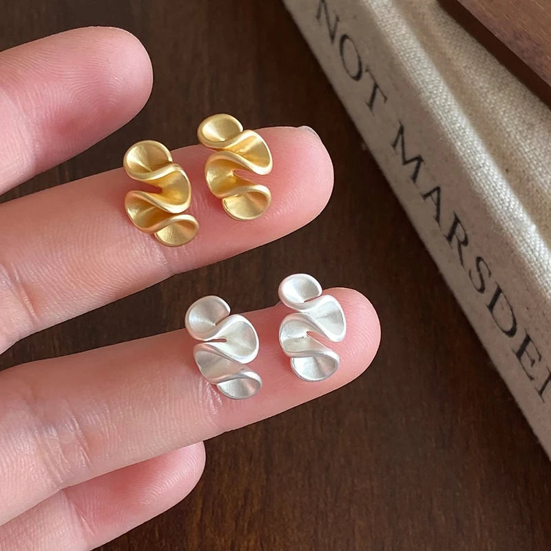 Geometric Pleated Flower Stud Earrings for Women Minimalist Gold Silver Jewelry