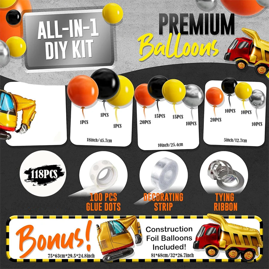 Construction Balloon Arch Kit for Birthdays and Events, Orange Black Yellow Latex Balloons