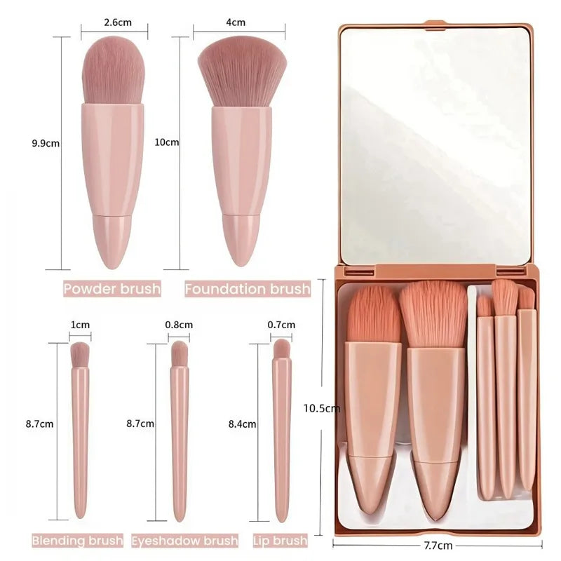 5-Piece Makeup Brush Set with Mirror & Case - Portable Cosmetic Tools