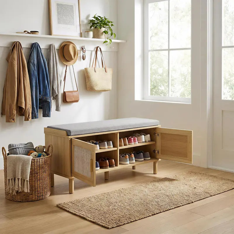 Entryway Shoe Storage Bench with Cushioned Seat and Multi-Layer Cabinet