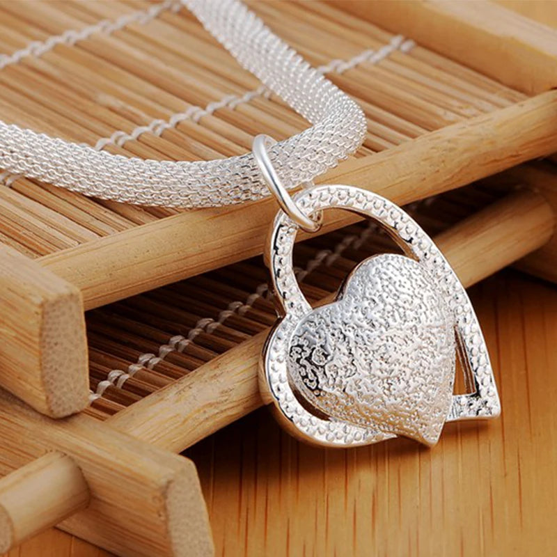Sterling Silver Double Heart Pendant Necklace 18 Inch for Women Jewelry