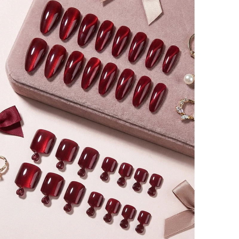 48Pcs Blood Red Crystal Cat Eye False Nails Set Short Square Toe Tips for Women