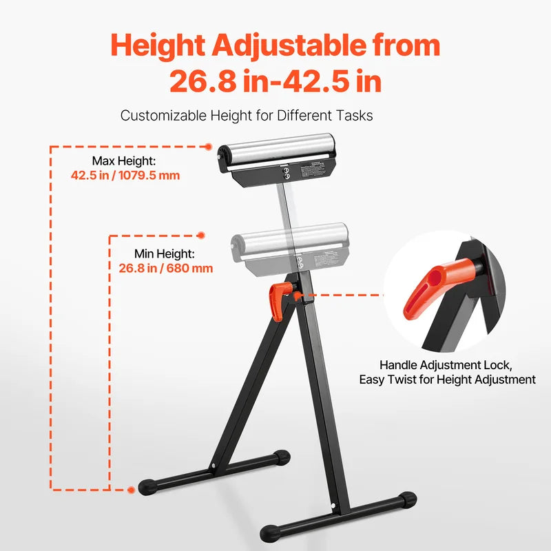 Heavy Duty Folding Roller Stand with Adjustable Height and Steel Roller Head for Woodworking