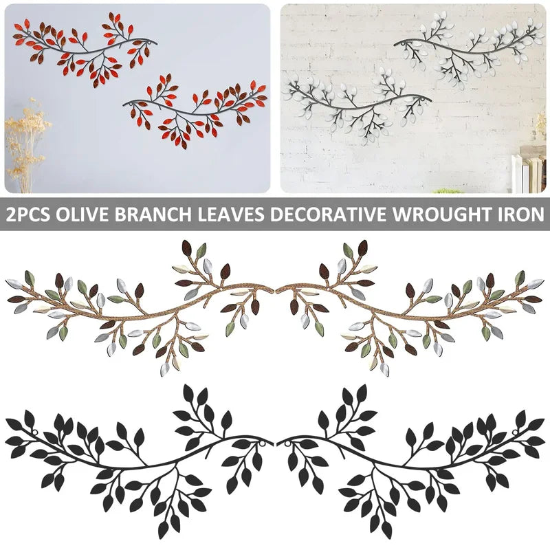 Metal Tree Leaf Wall Decor Set - Artistic Wrought Iron Vine Olive Branch Wall Art