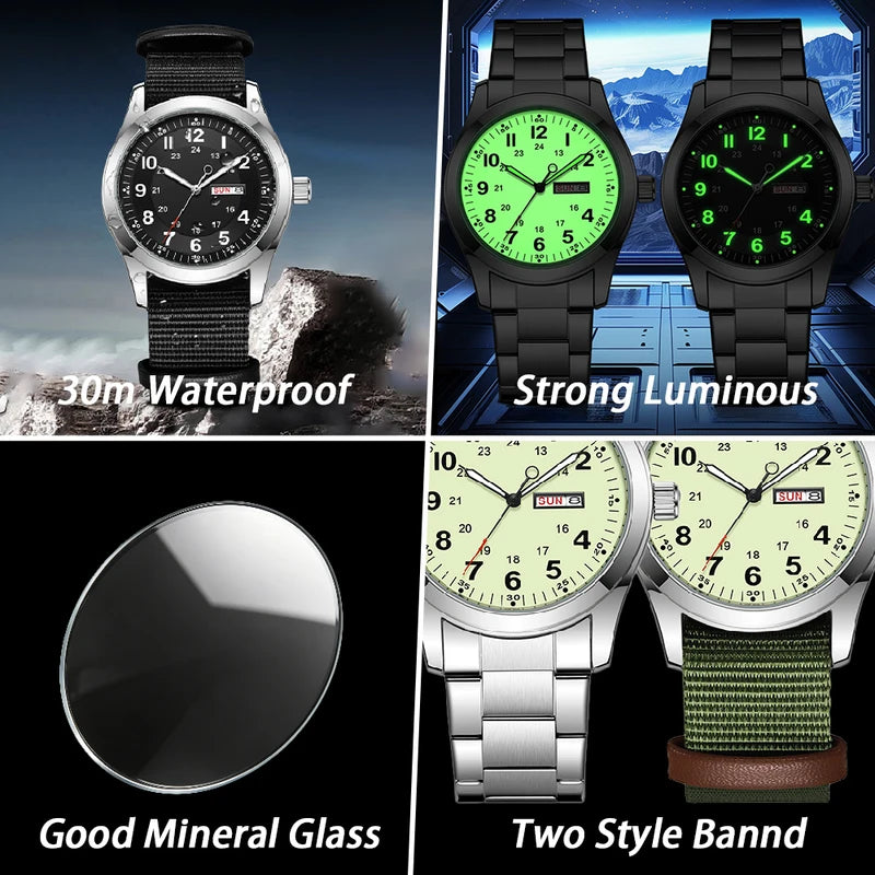 42mm Field Watch with Luminous Dial, Day Date, Water-Resistant Canvas Strap