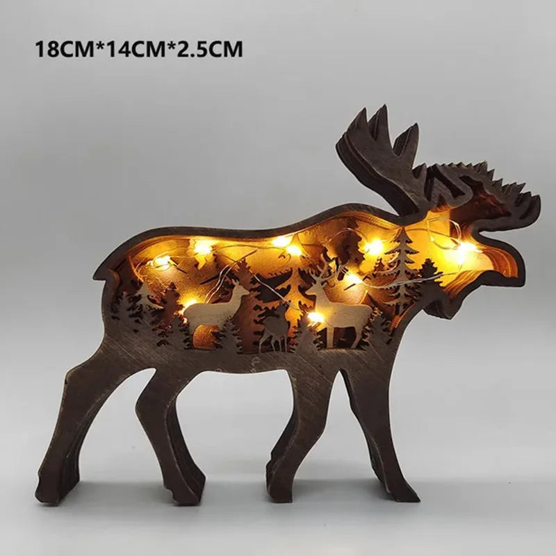 Wooden Animal Figurines with LED Light - Wolf Elk Brown Bear Home Decor