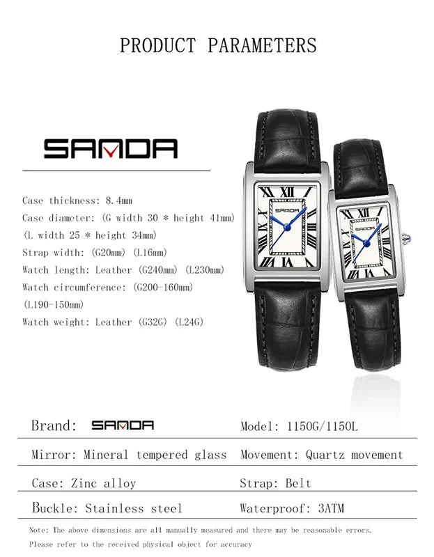 Luxury Couple Sports Watches with Waterproof Leather Straps - Quartz, Square Dial