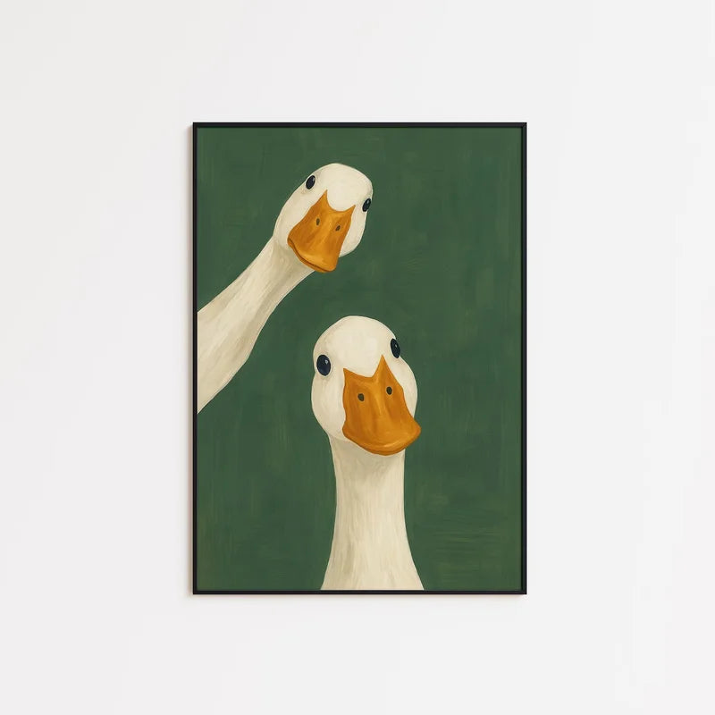 Serene Duck Wall Art - Green Fowl Friendship Canvas Print for Home Decor