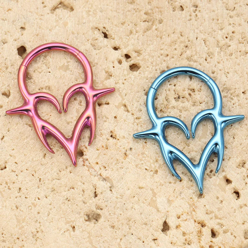 Titanium Septum Piercing Clicker with Tribal Fangs and Heart Totem Design