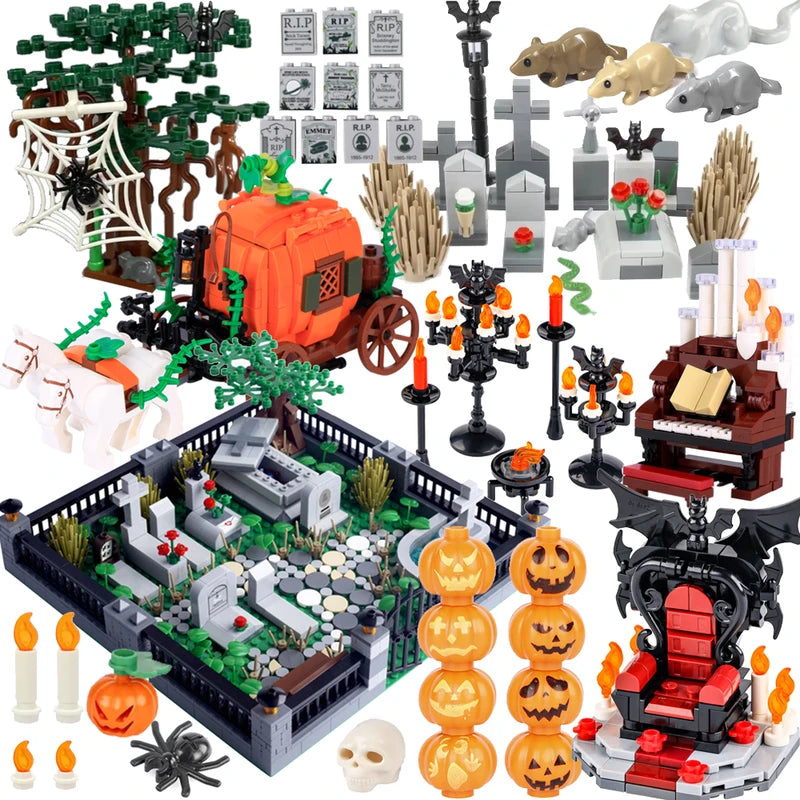 Halloween Scene Building Blocks Kit - Cemetery Tombstone, Vampire, Pumpkin, Bat, Candle Light, Toy Gift