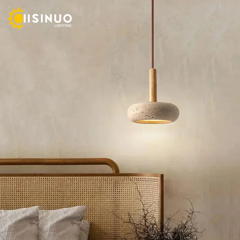 Wabi Sabi Yellow Travertine Stone Pendant Light - Small Round Bedside Hanging Lamp for Bedroom & Corridor