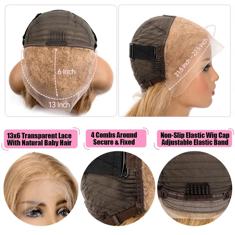 Honey Blonde 27-Inch Body Wave Lace Front Wig with HD Transparent Lace, Pre-Plucked, Bleached Knots, 250 Density, Brazilian Human Hair