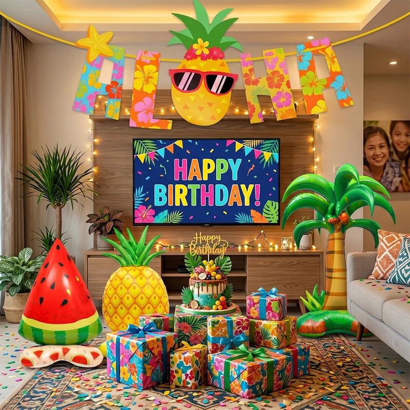 Hawaiian Tropical Party Decorations Set - Giant Foil Balloons, Coconut, Pineapple, Aloha Banner, Summer Pool Beach Supplies