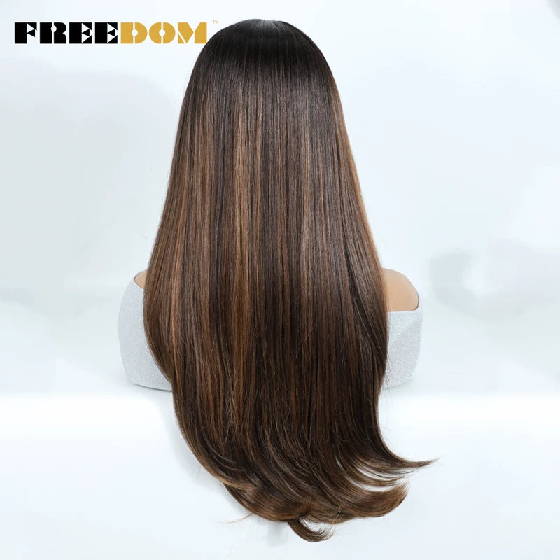 Layered Straight Synthetic Lace Front Wig for Black Women - Glueless Ombre Brown T-Part & 6x4 Pre-Plucked Style