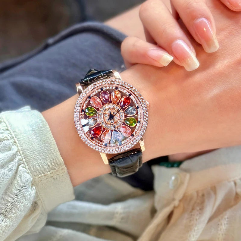 Women's Quartz Watch with Colorful Rhinestone Inlay and Rotatable Dial