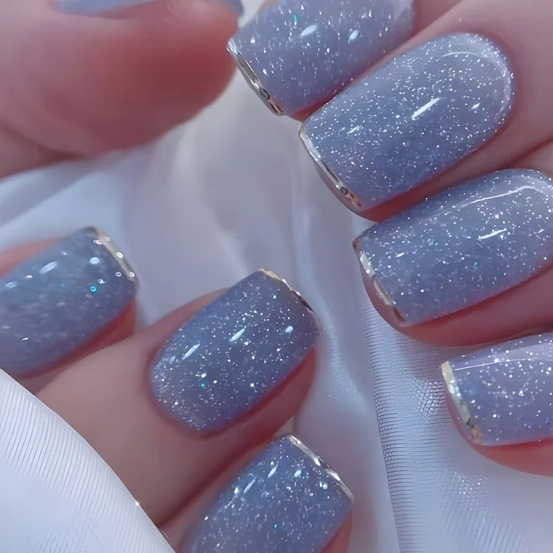 24 Pcs Short Glitter Fake Nails with Flowers and Starry Sky Design - Press On Art Tips, Multiple Colors