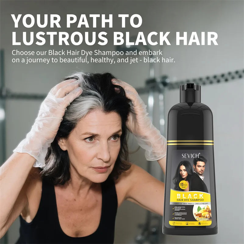 Herbal Hair Dye Shampoo - Black Plant-Based Permanent Color for Gray Hair - 500ml