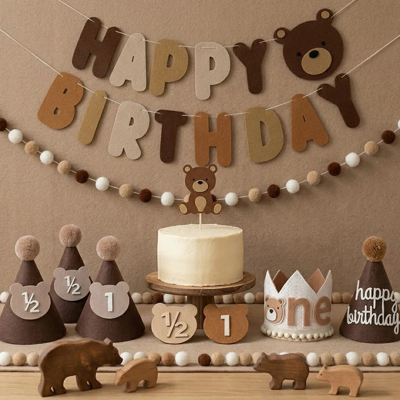 Boho Felt Teddy Bear Party Decor Set with Birthday Banner and Foil Balloons