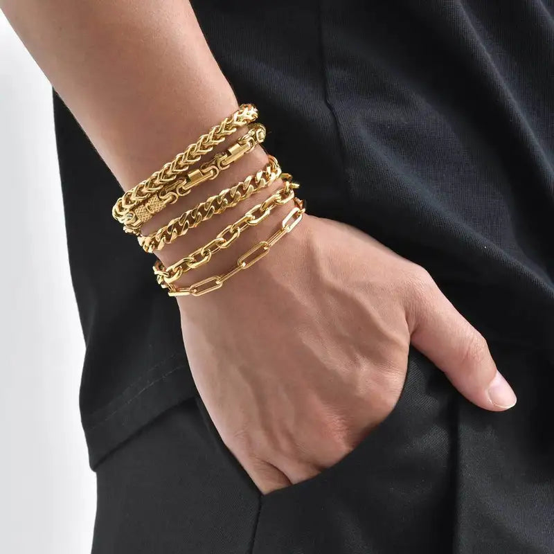 Men's Gold Color Chain Bracelet Hip Hop Stainless Steel Chunky Wristband Jewelry Gift for Him