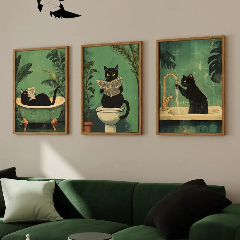 Funny Black Cat Bathroom Wall Art Canvas Poster - Animal Toilet Decor for Living Room Bedroom Home