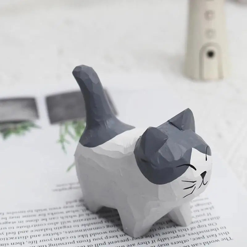 Wood Carving Kitten Ornament - Handmade Small Animal Desktop Decoration
