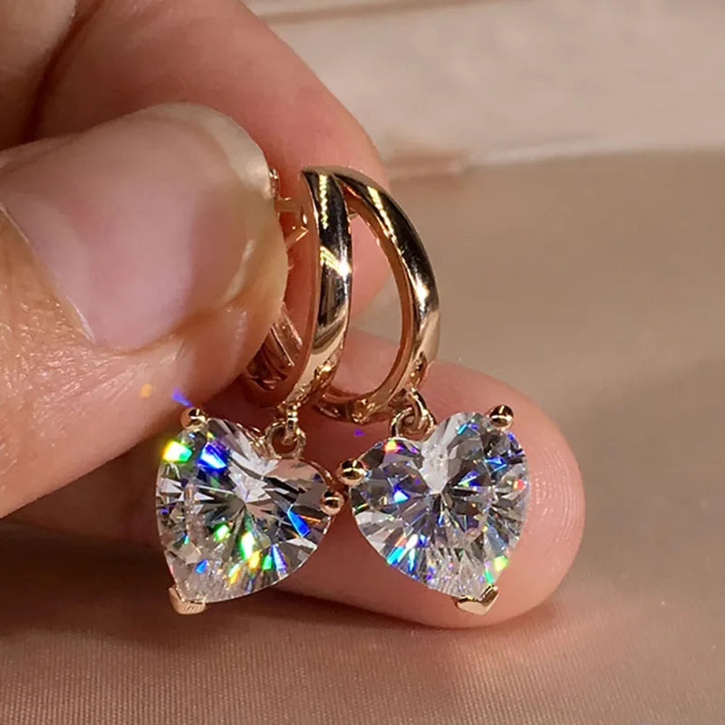 Gold Hoop Earrings Heart Shape Zircon Dangle Jewelry for Women & Girls