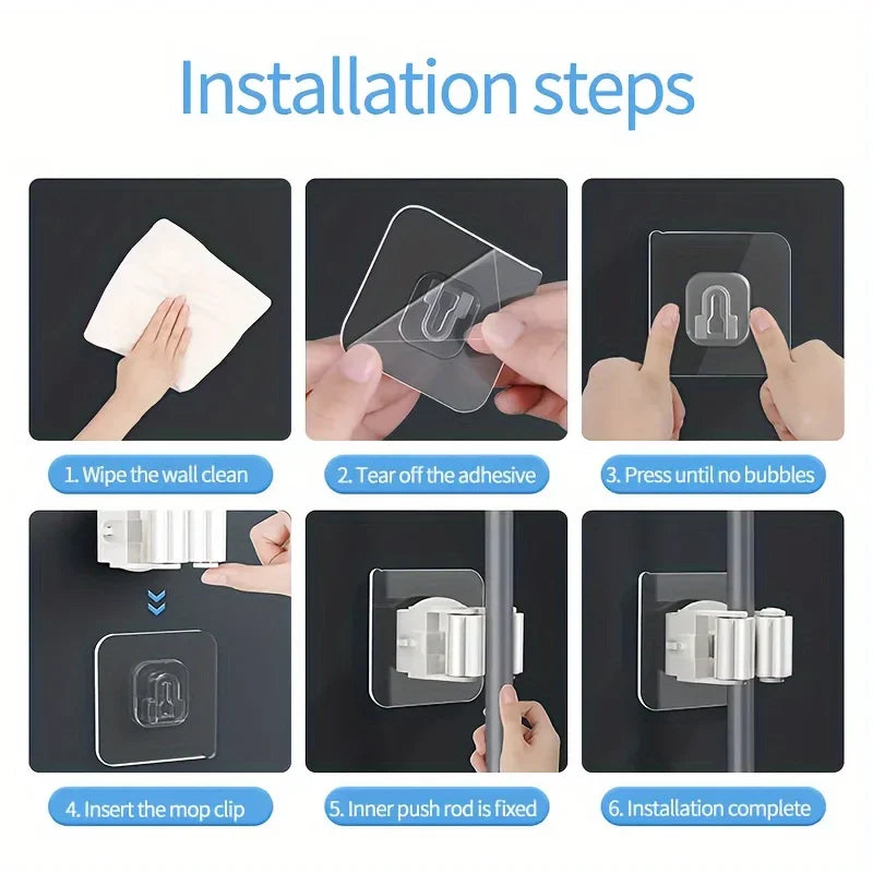 Wall-Mounted Bathroom Shower Holder Organizer Hooks for Mop Broom Storage