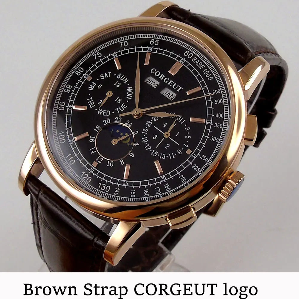 Automatic Men's Watch 42mm Multifunction with Leather Strap & Date Day Month