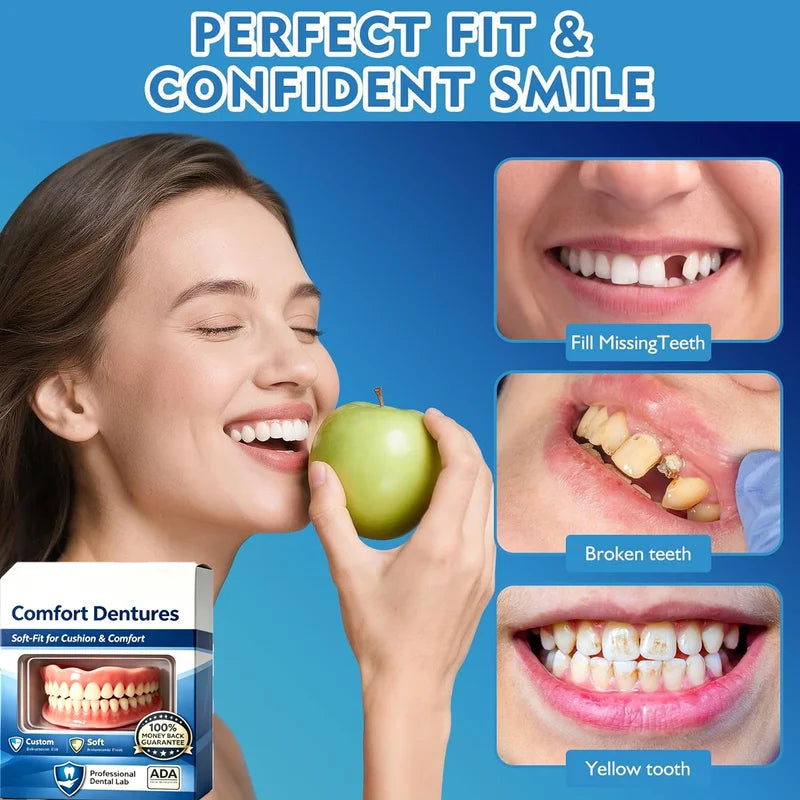 Flexible Silicone Dentures Full Set - Realistic Upper & Lower Fake Teeth Kit, Comfort Fit