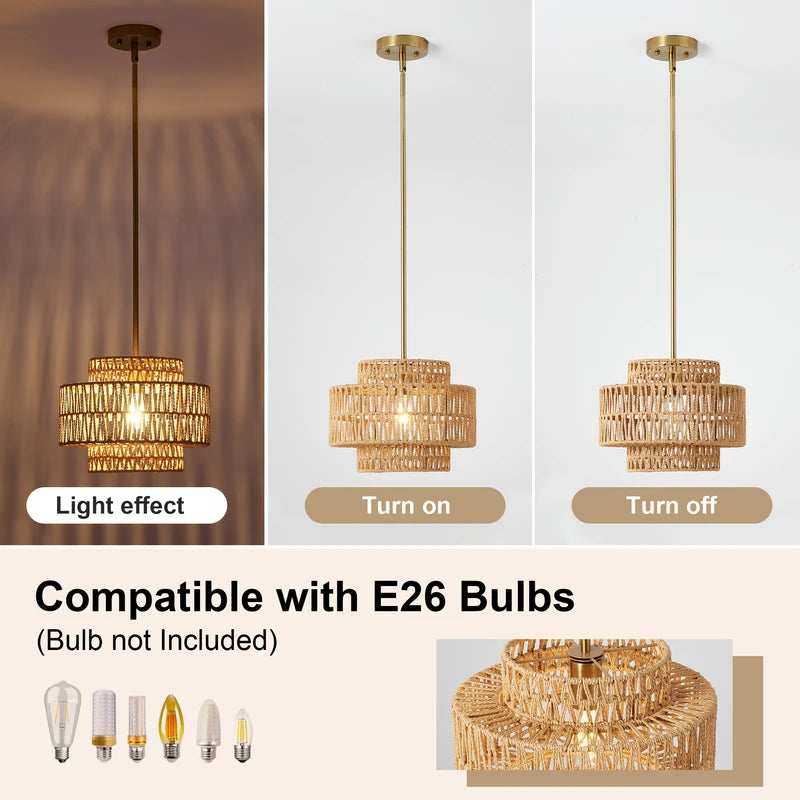 13 Inch Boho Rattan Pendant Light Chandelier for Living Room and Kitchen