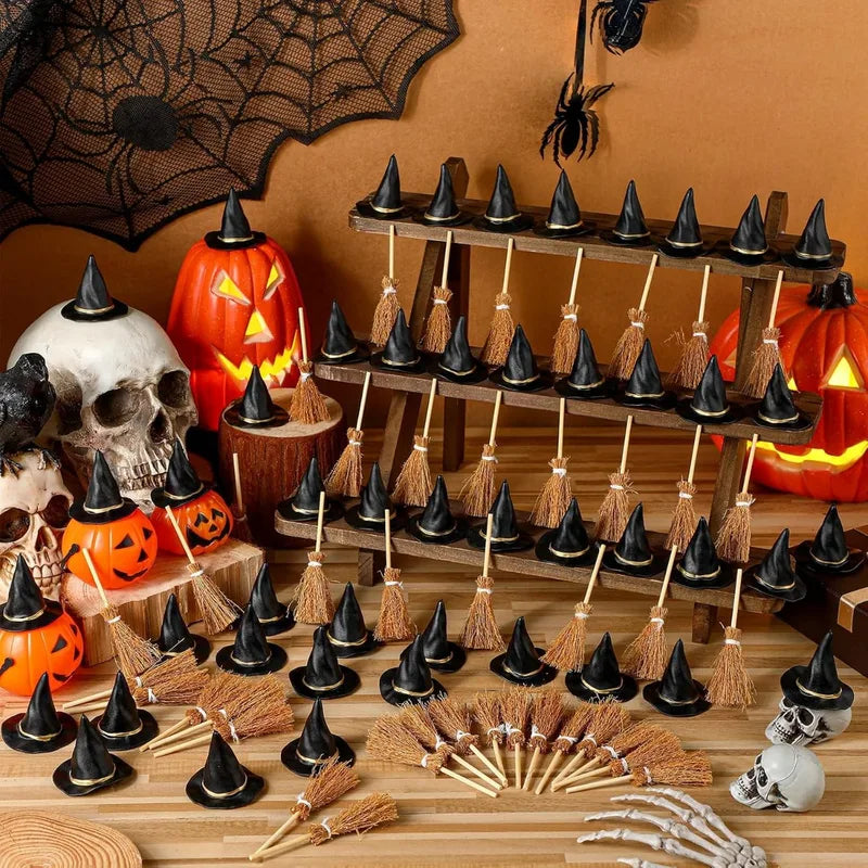 Mini Witch Hat & Broom Set for Halloween Party Decor - 10-50Pcs