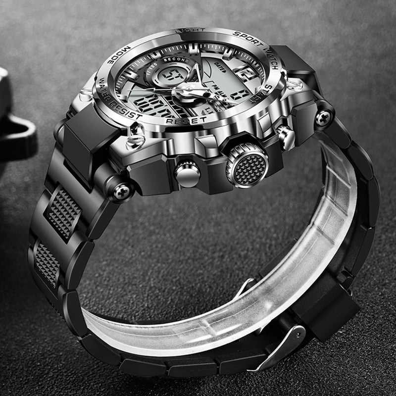 Men's Sport Watch 50M Waterproof Dual Display LED Chronograph Quartz Wristwatch Gift Set