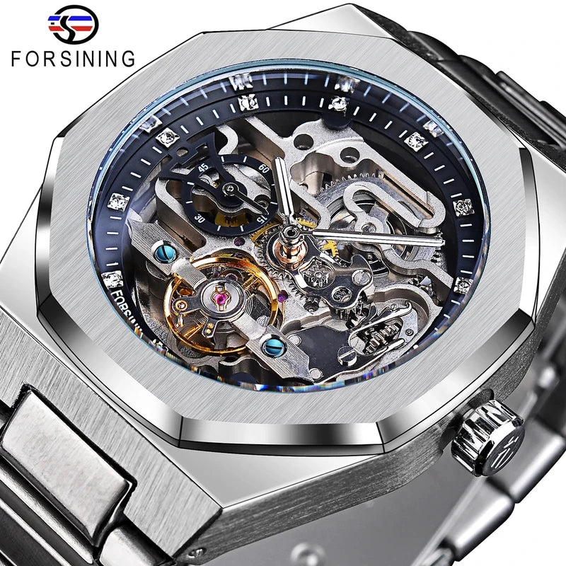 Men's Automatic Mechanical Watch with Luminous Hands and Stainless Steel Strap