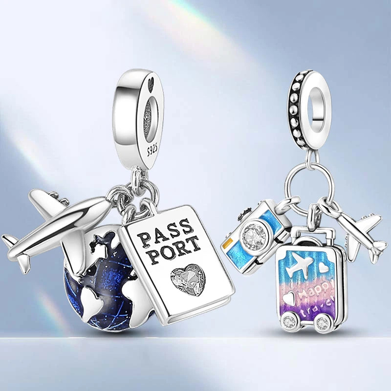 Travel Charm Bead - Airplane Luggage Passport Jewelry Gift - Multiple Colors
