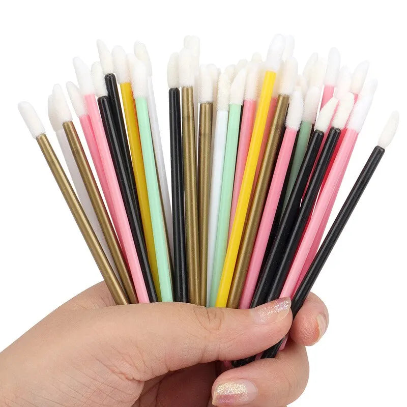 Disposable Lip Brush Set - 50 Nylon Lip Gloss & Lipstick Applicators with Colored Handles