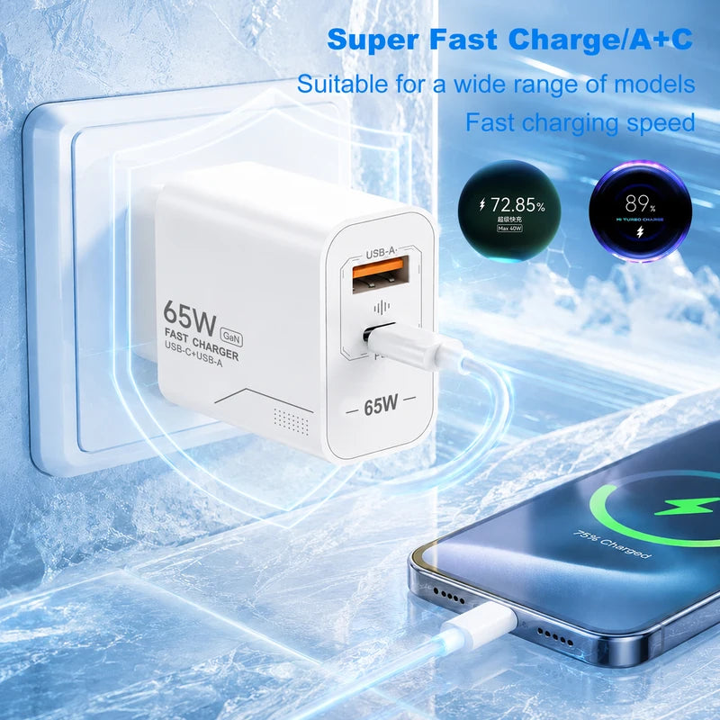 GaN Fast Charging 65W USB-C Wall Charger EU KR US PD 3.0 Quick Charge for Smartphones