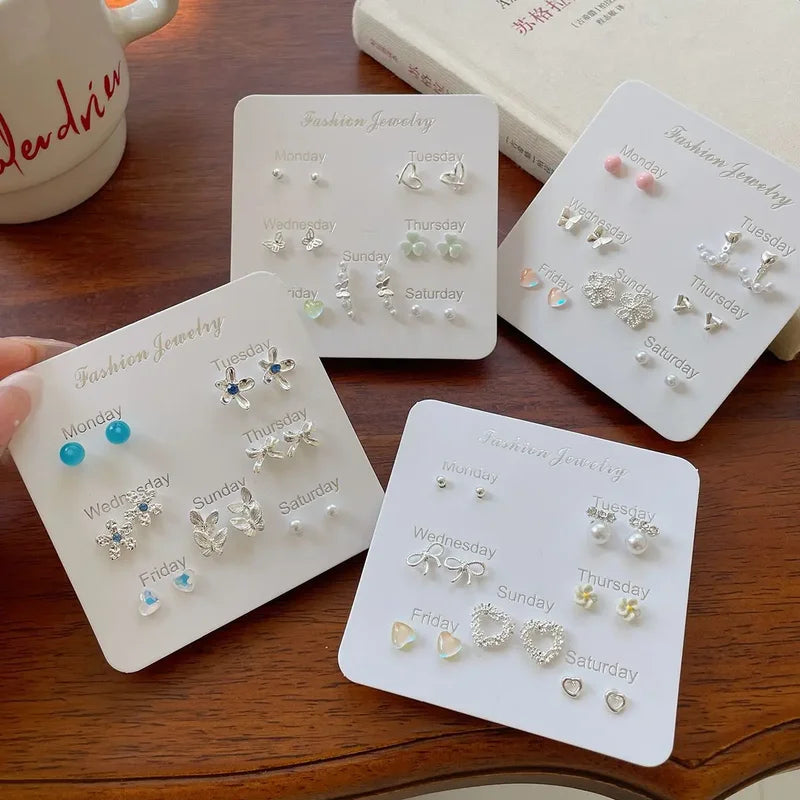 Sea Blue Bean Geometric Ear Stud Set Small Flower Butterfly Jewelry Pack