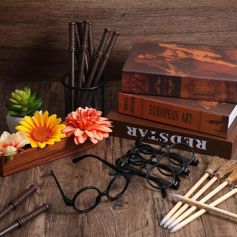 Wizard Party Favors Set - Wand Pencils, Witch Broom, Lightning Tattoos & Glasses for Halloween & Cosplay