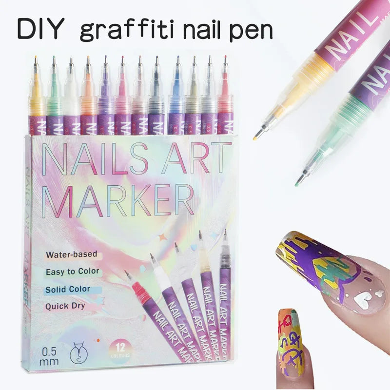 12 Colors Acrylic Nail Art Pen Set - Waterproof Quick Dry DIY Manicure Markers