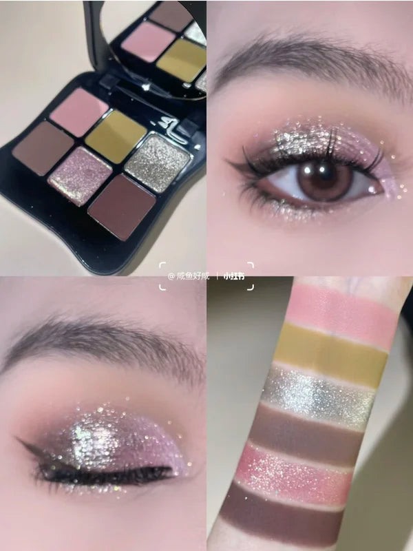 6-Color Eyeshadow Palette with Matte, Shimmer & Glitter Finishes - Colorful Makeup Set