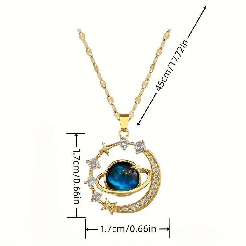 Stainless Steel Starry Sky Necklace with Moon and Planet Pendant - Luxurious Elegant Jewelry
