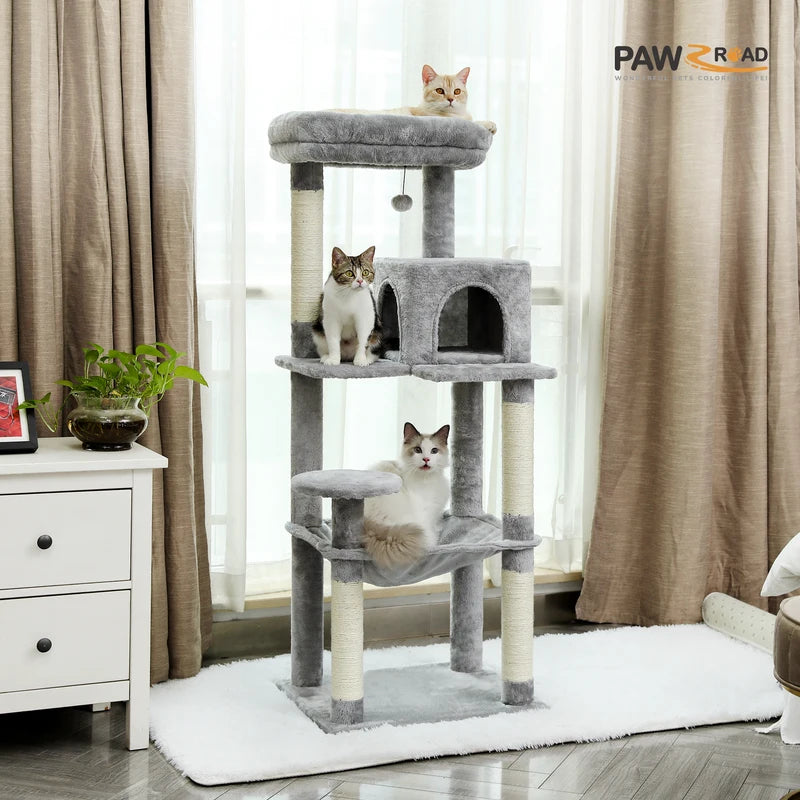 Multi-Level Cat Tree Tower for Indoor Cats with Large Hammock & Sisal Posts