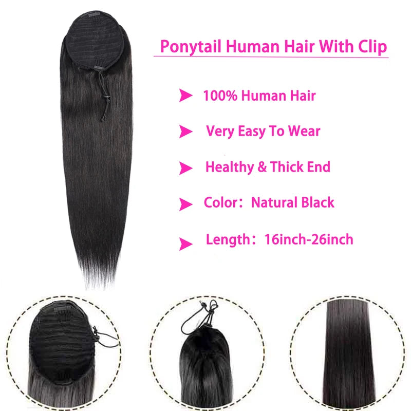 Clip-In Ponytail Hair Extensions 10-26 Inches, Natural Straight Human Hair