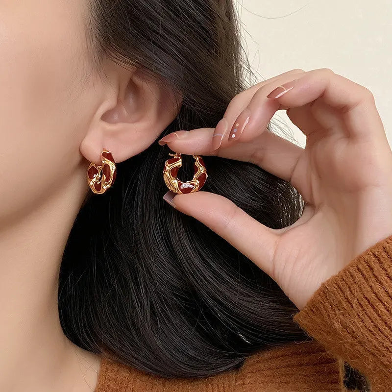 Vintage Enamel Metal Texture Hoop Earrings for Women Gold Plated Statement Jewelry