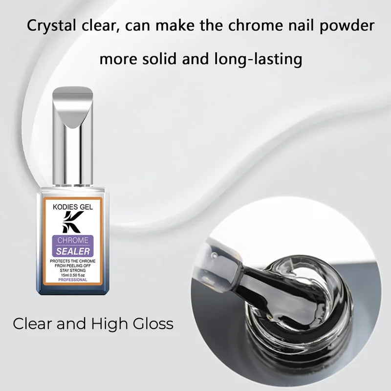 Chrome Nail Sealer Top Coat No Wipe UV Gel Finish for Mirror Nails - 15ml