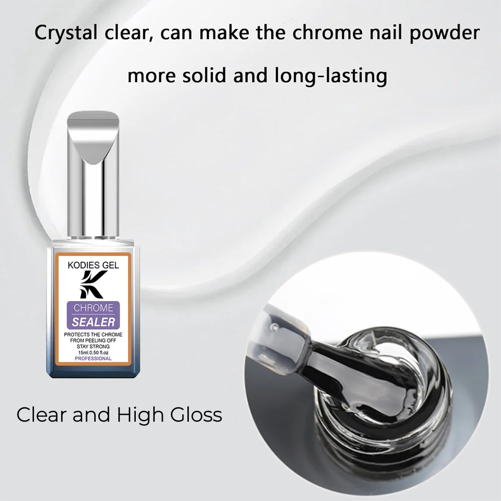 Chrome Nail Sealer Top Coat No Wipe UV Gel Finish for Mirror Nails - 15ml