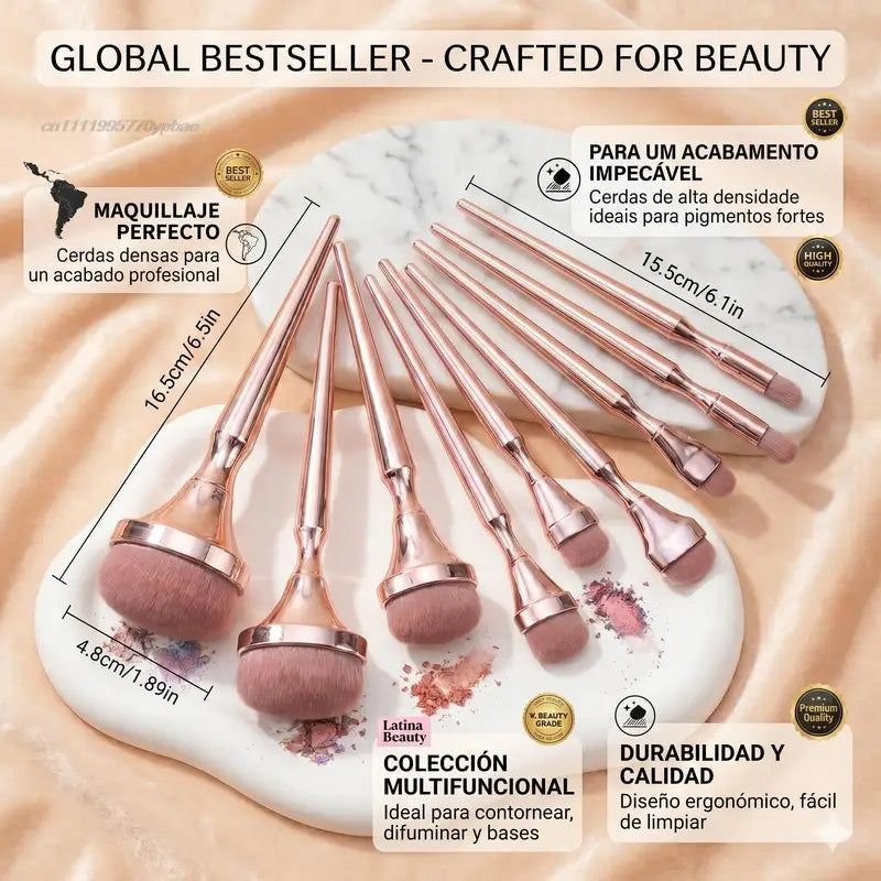 9pcs Rose Gold Makeup Brush Set for Face Eyeshadow Blush Highlighter Foundation